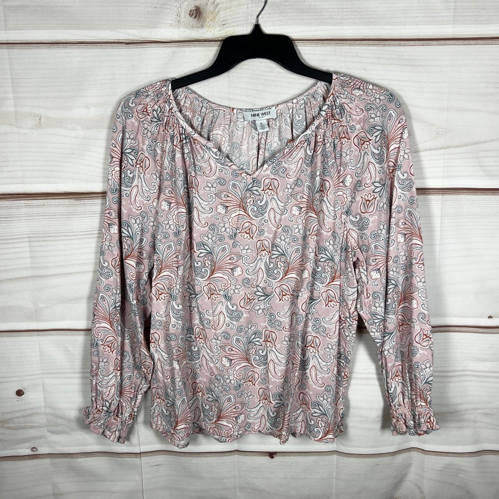 Nine West Jeans Peasant Blouse Womens XL Pink Paisley Long Sleeve Top Split Neck